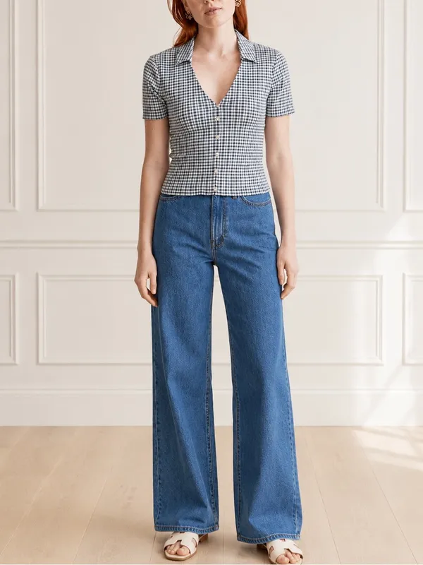 Madewell Mineral Blue Gingham Cropped Button Front Top Medium Stretch Plaid Y2K - Image 11