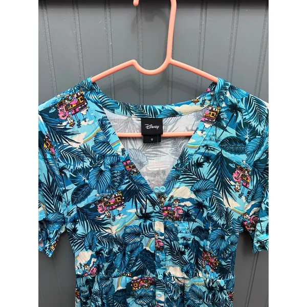 Disney Women Blue Tropical Palm Leaf House Print Button Front Midi Dress Size 0 - Image 2