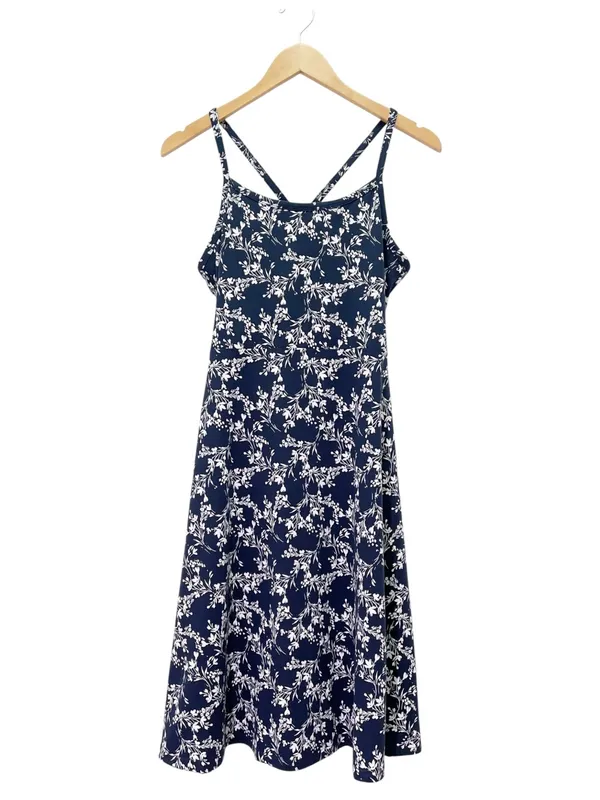 PACT Organic Cotton Fit Flare Midi Dress Size Large Navy Floral Shelf Bra Knit - Image 3