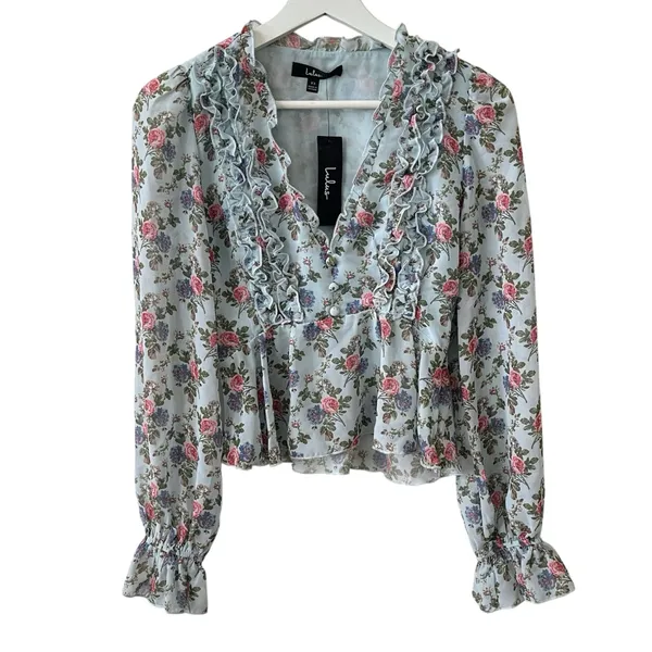 NWT Lulus Undeniably Darling Light Blue Floral Chiffon Balloon Sleeve Top XS - Image 4