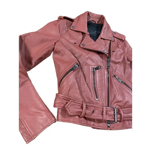 Bagatelle Women's Washed Leather Biker Moto‎ Belted Jacket in Sunset size XS - Image 10