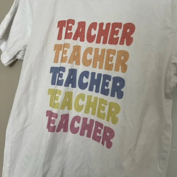 Bella Canvas White Short Sleeve Tee with Colorful Teacher Design - Image 2