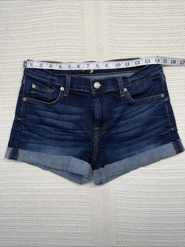 7 For All Mankind Dark Blue Rolled-Hem Denim Shorts - Image 4
