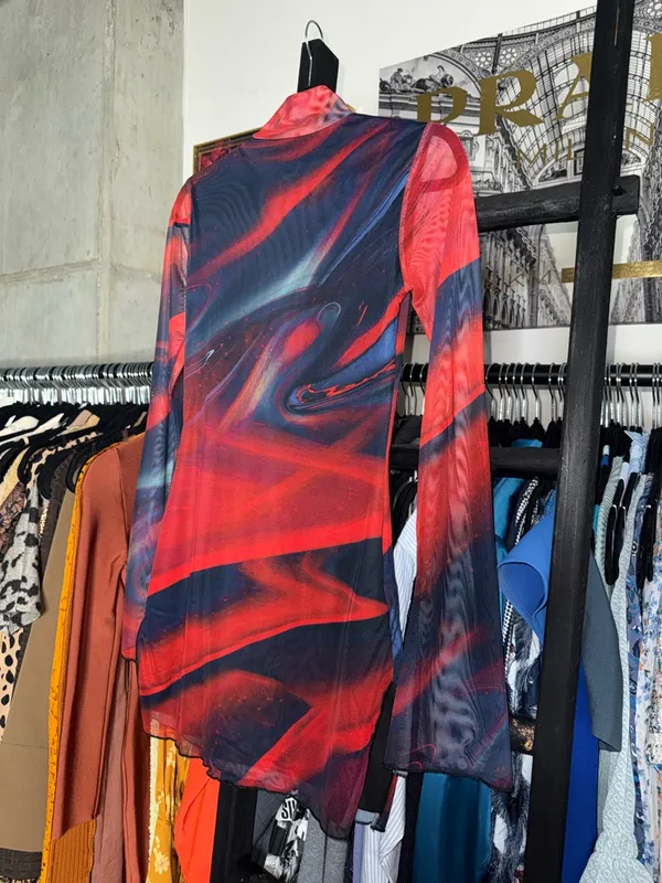 Edikted Sparks Fly Mesh Mini Dress Red Black Swirl Slit Bell Sleeve Medium New - Image 11