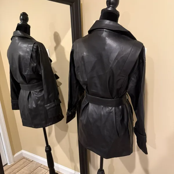 Faux leather jacket pu leather coat trench parka fall coat motorcycle jacket Black Size XS - Image 3