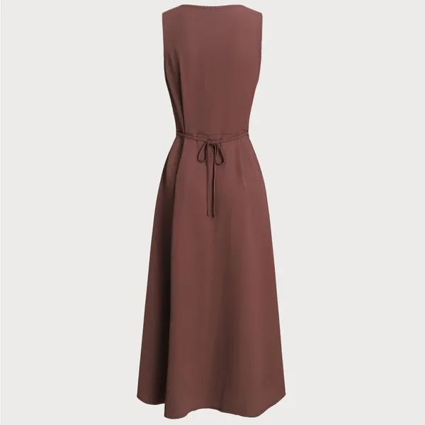 Rihoas Brown Round Neck Button Sleeveless Maxi Dress - Image 7
