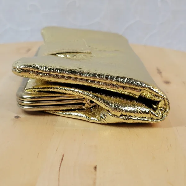 Vintage Clutch Wallet Womens 8"x5" Metallic Gold Kiss Lock Bi-Fold Evening Purse - Image 10