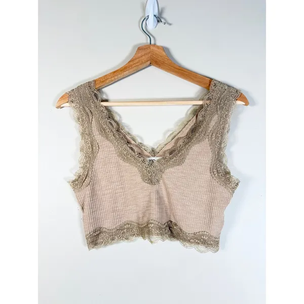 POL Ribbed Lace Trim V-Neck Crop Cami Tank Top Tan YKT1148 Small - Image 2