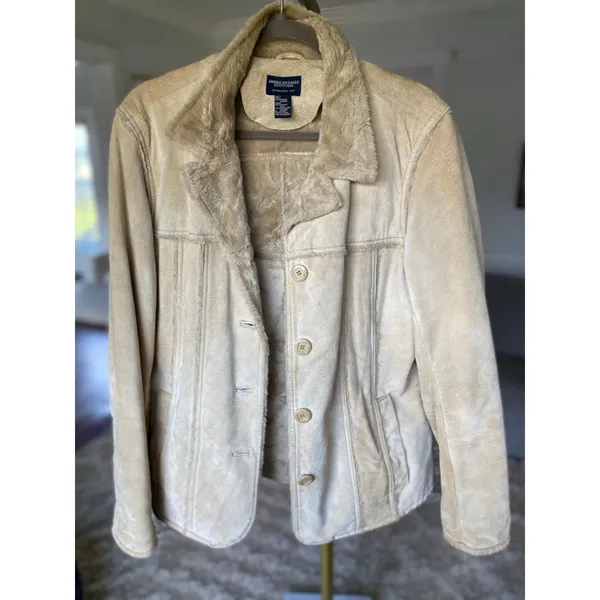 American Eagle Leather Coat‎ Fur Lined Quiet Luxury Old Money Elevated Neutrals - Image 3