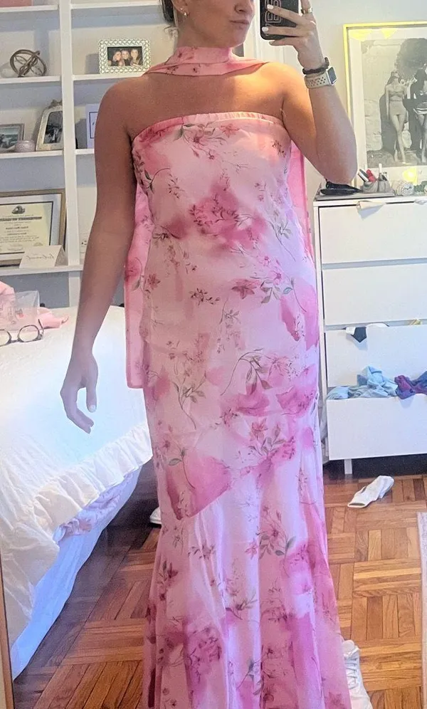 Strapless floral dress with neck scarf - Image 2