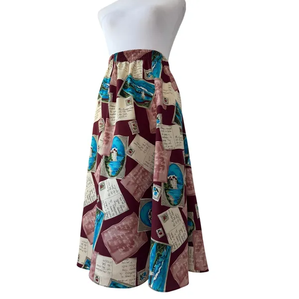 Vintage ‘90s Maggie Sweet Postcard Print Pleated Elastic Waist A-Line Midi Skirt - Image 5