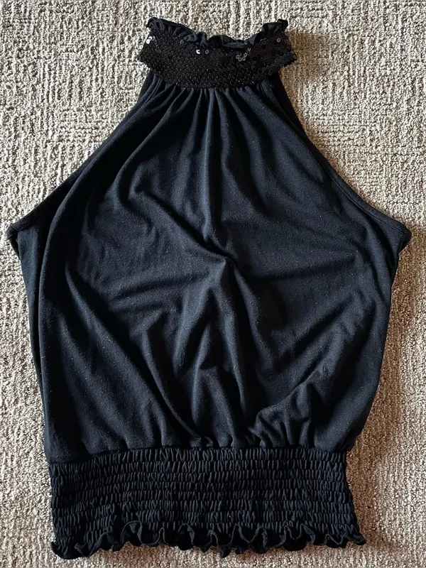 Y2K vintage Black Halter Neck Sequin neck Top Size M - Image 3