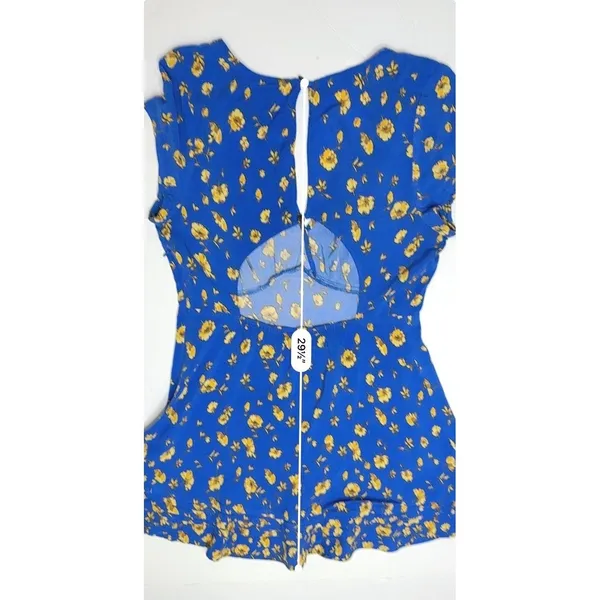 Free People Blue Peasant Faux Wrap Dress 8 Blue Floral Cap‎ Sleeves Keyhole - Image 9