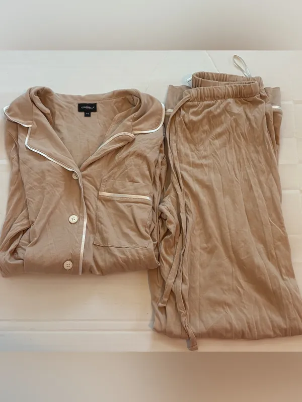 Cosabella Beige Long Sleeve Button Down Top and Pants Pajama Set Petite Small - Image 3