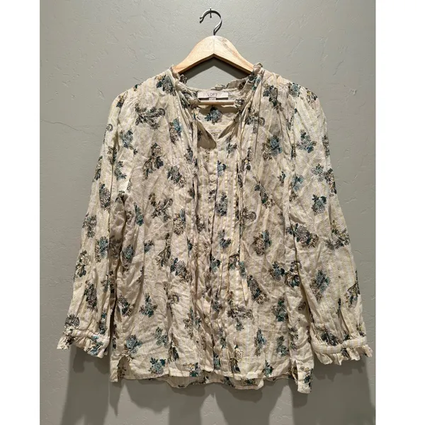 LOFT Floral Bouquet Ruffle Neck Button‎ Front Cotton Blouse Large Peasant Boho - Image 2