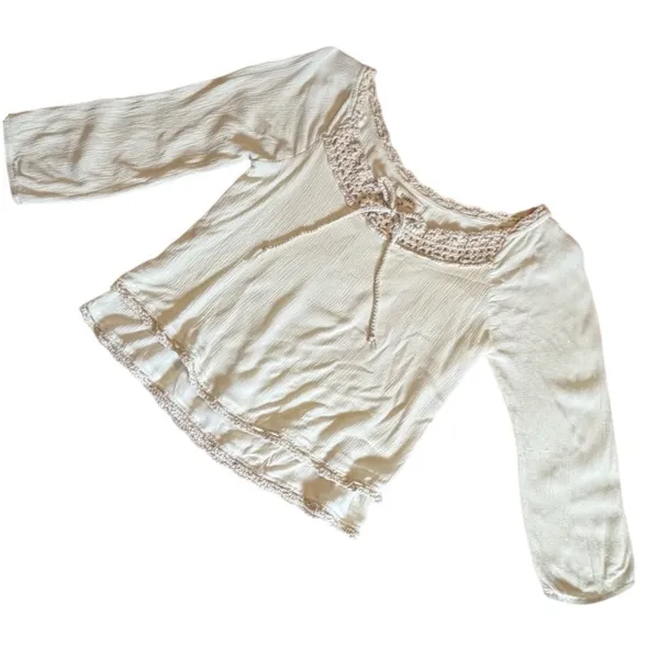 Super B Cream Crochet Lace Trim Gauze Peasant Blouse Top Medium - Image 2
