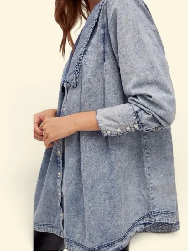 Free People Ruffle Collar Denim Swing Blouse - Lightest Indigo Blue SZ Amall - Image 5