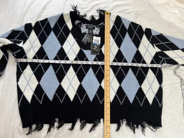 Just Polly Y2K Grunge Distressed Argyle Knit Sweater Size XL NWT Blue - Image 7