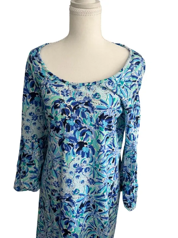 LILLY PULITZER Blue Floral 3/4 Sleeve Dress Size Medium - Image 4