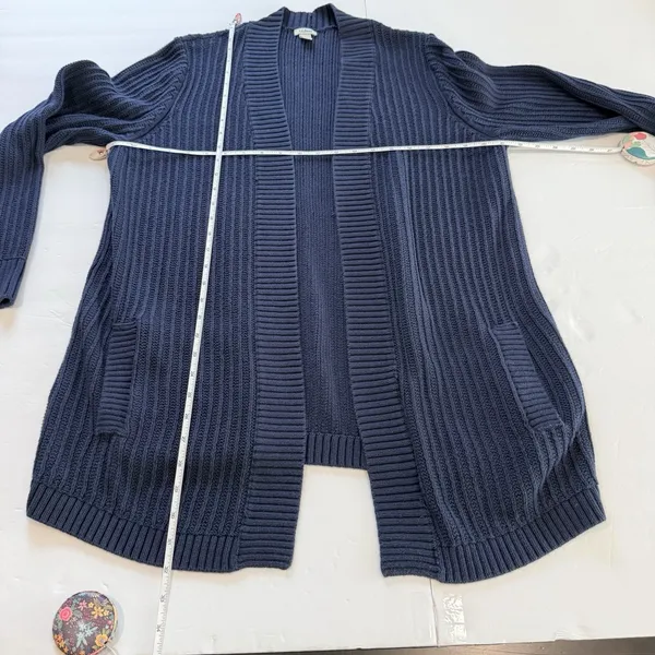 LL Bean Navy Blue Shaker Stitch Cotton Open Cardigan Sweater Pockets Size XL - Image 6