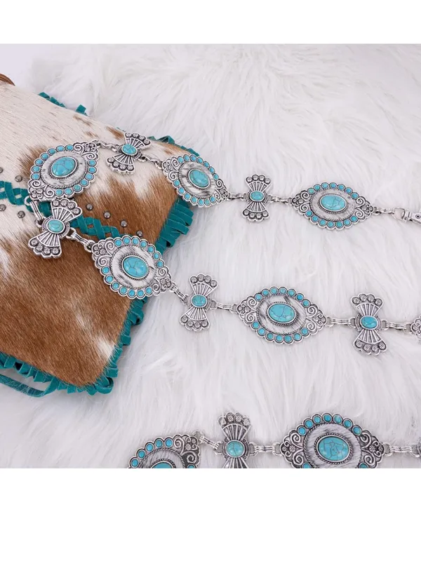 NEW Montana West Rustic Coutures Western Concho Metal Belts turquoise/horse hair - Image 8