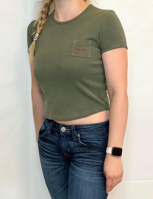 Ralph Lauren Vintage 90s Cropped Logo Pocket Tee - Olive - M - Image 2