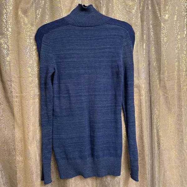 Free‎ People Navy Blue Metallic Lace Inset Turtleneck Sweater Small - Image 2