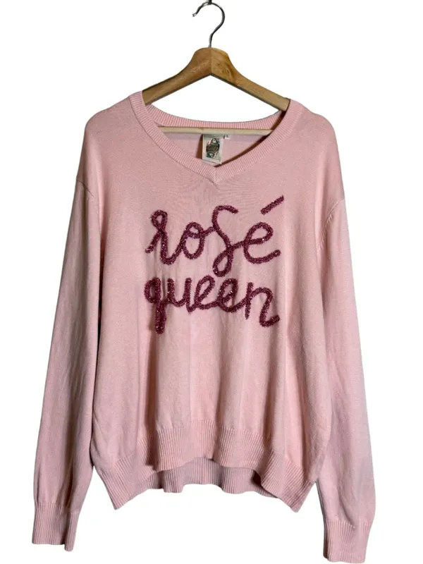 Queen Of Sparkles Rosé All Day Queen Knit Sweater Womens Large Pink Sequins Wine - Image 3