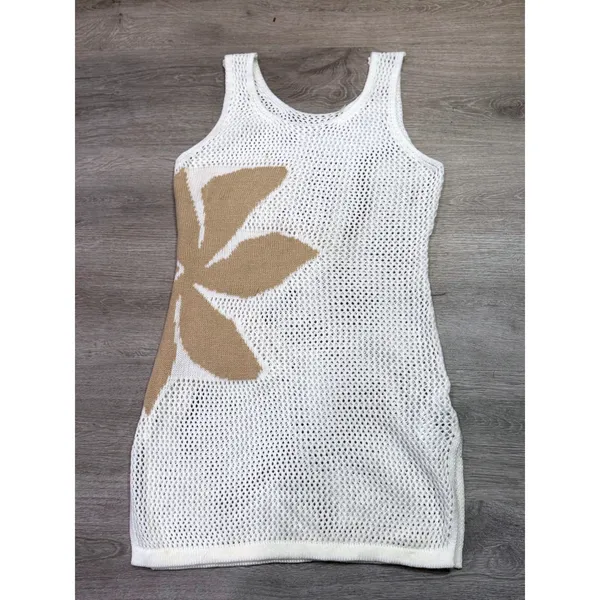 Women's Size Small Ivory Crochet Knit Mini Dress Beige Leaf Beach Cover Up - Image 2