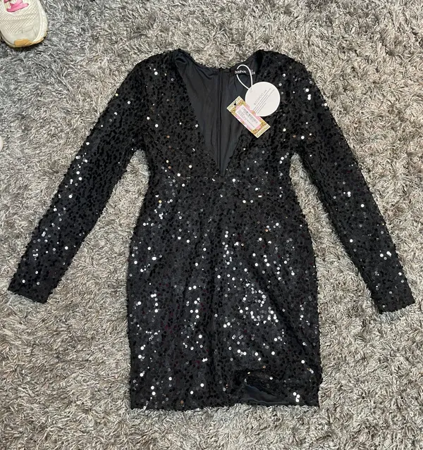 Black Sequin Deep V-Neck Cocktail Dress - Image 5