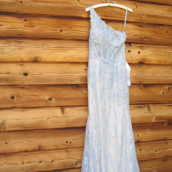 Mac Duggal 48910 Womens Blue One Shoulder Lace Trumpet Gown Dress - Image 9