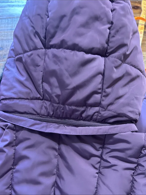 Long Quilted Purple Puffer Coat with Faux Fur Hood - Image 13