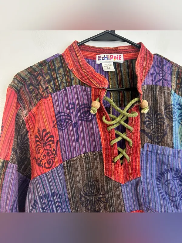 EzHippie Vibrant Stonewashed Patchwork Om/Ganesha Pullover HIppie Top Medium Red - Image 4