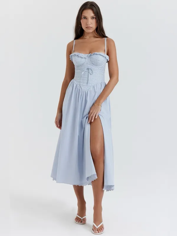 House of CB Jaime Soft Blue Cotton Broderie Anglais Midi Sundress XS - Image 2