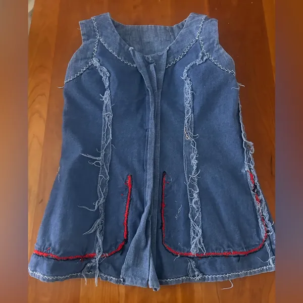 Vintage 70s blue button up vest red trim front pockets Handmade Small - Image 8