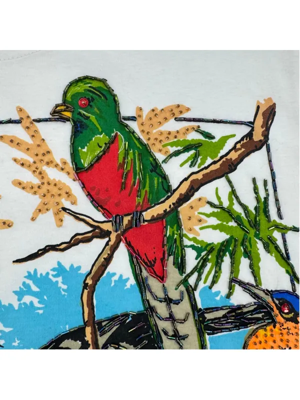 Vintage 90s Tee Tropical Birds Flowers Heavily Beaded Art to Wear Cotton Medium - Image 6