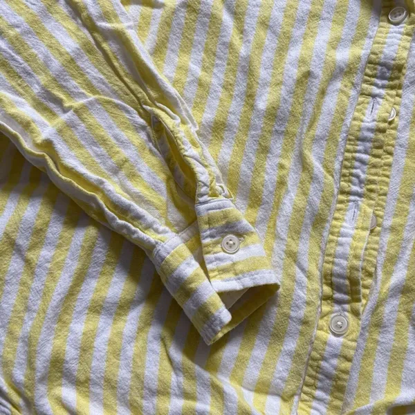 Loft Womens Medium Striped Linen Blend long‎ Sleeve Blouse Button Down Yellow - Image 3