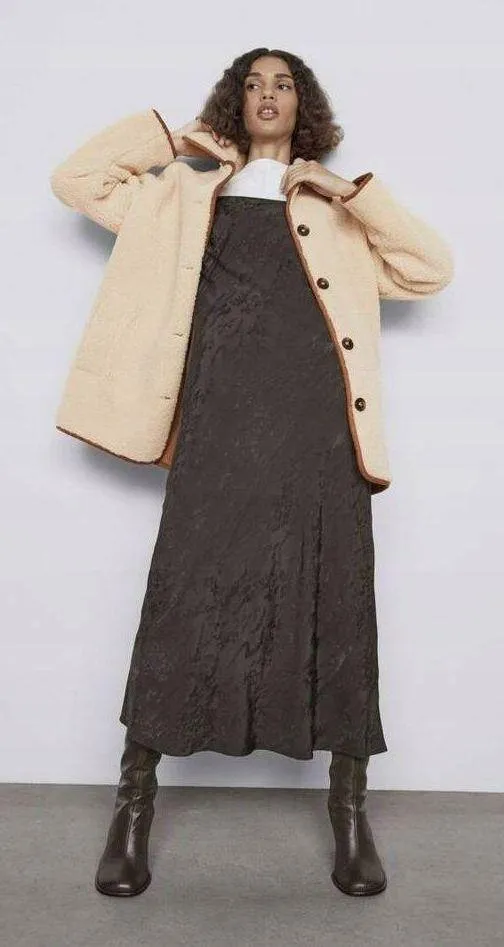 ZARA Tan Brown Cream Sherpa Suede Leather Button Down Coat Jacket - Image 8