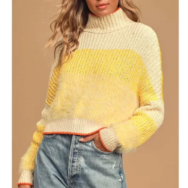 Free People Bucket List Sunbrite Yellow Eyelash Chunky Knit Turtleneck Sweater - Image 2
