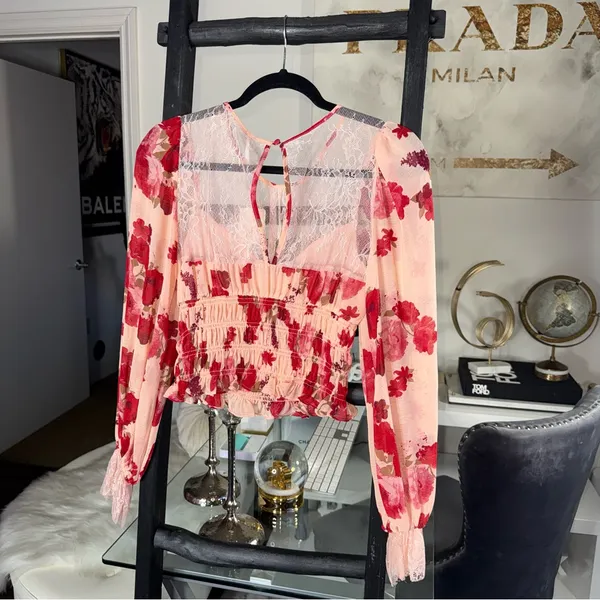 Free People Daphne Floral Lace Smocked Long Sleeve Blouse Romantic Combo Size XS - Image 10