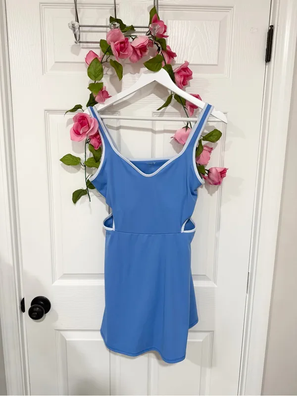 Old Navy PowerSoft Tennis Pickleball Dress L Blue Cutout Built In Shorts - Image 2