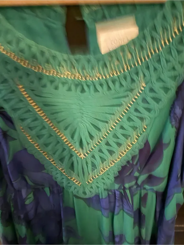 Green Maxi Dress with Blue Floral Print and Crochet Yoke - Image 2