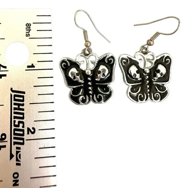 Goth Butterfly Skull Enamel Earrings Black - Image 6