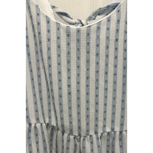 Blu Pepper Blue White Striped Swiss Dot Tiered Mini Dress Large‎ Tie Back Beach - Image 2