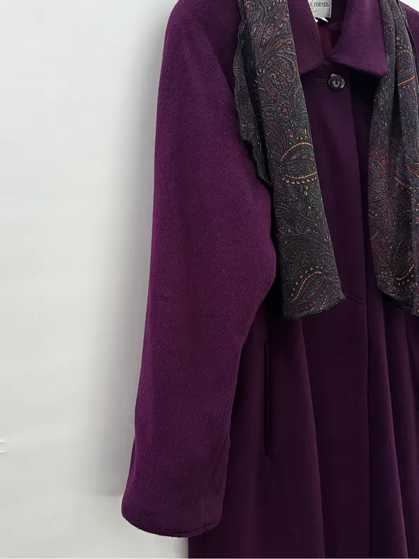 Vintage Casual Corner Purple Wool Long Coat USA Made Trench Scarf Purple Size 8 - Image 5