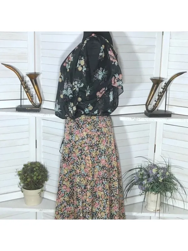 Vintage 80s Floral Full Swing Dress Black Boho Medium - Image 5