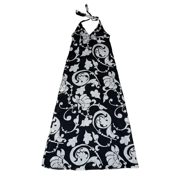 Y2K Old Navy Floral Maxi Dress Black White S Linen Blend Babydoll‎ Halter Beachy - Image 6