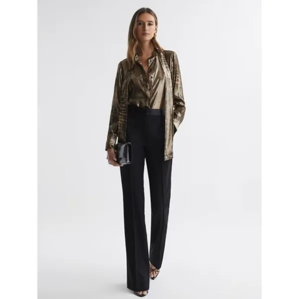 REISS Kendall Metallic Animal Print Tie Neck Blouse Gold Buttondown Size 8 - Image 4