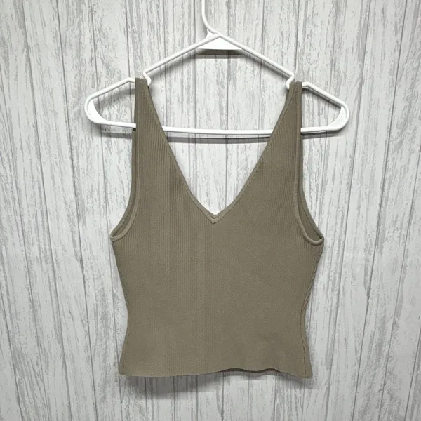 Womens Size L Babaton Beige Knit Ribbed V Neck Cropped Tank Wide Strap - Image 2