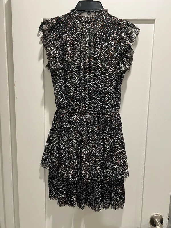 Black with white polka dots mini dress with ruffles, size M - Image 3